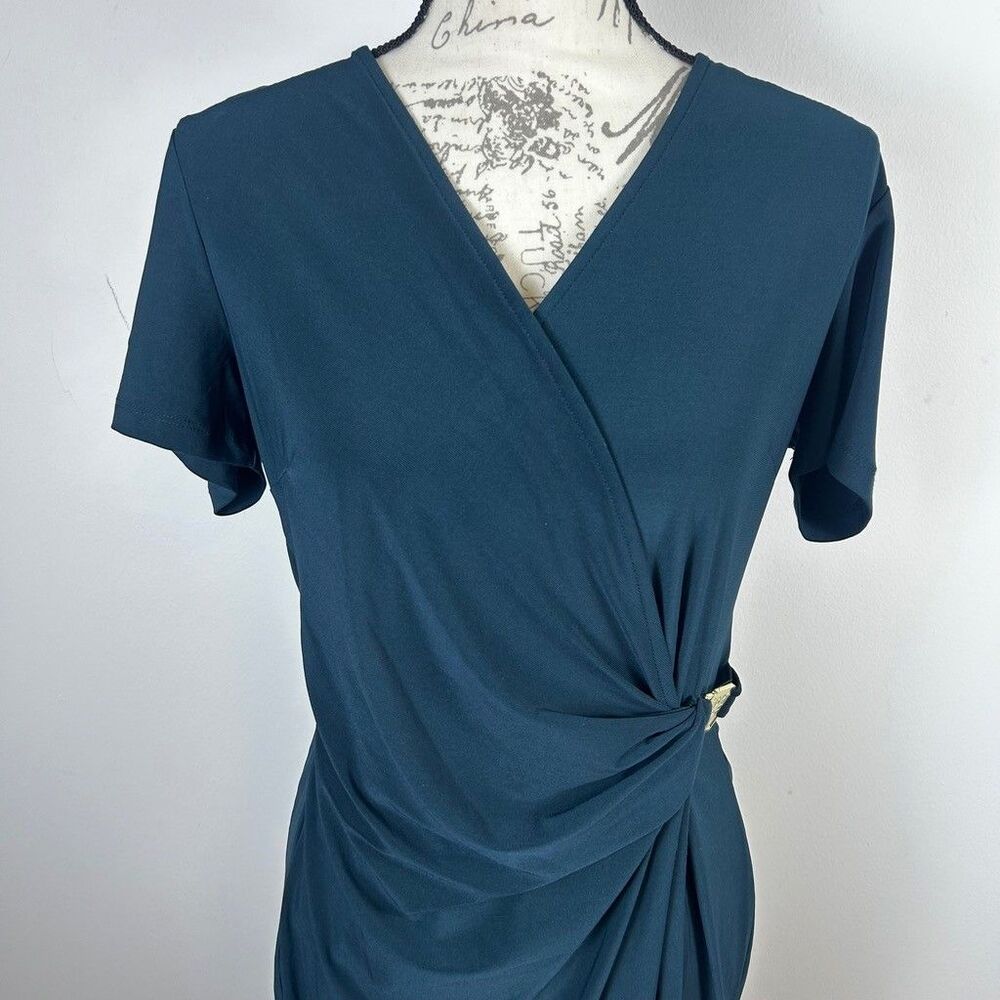 Anne Klein Dress Womens 10 Green Teal Faux Wrap V-Neck Short Sleeve Sheath Midi - Picture 2 of 10